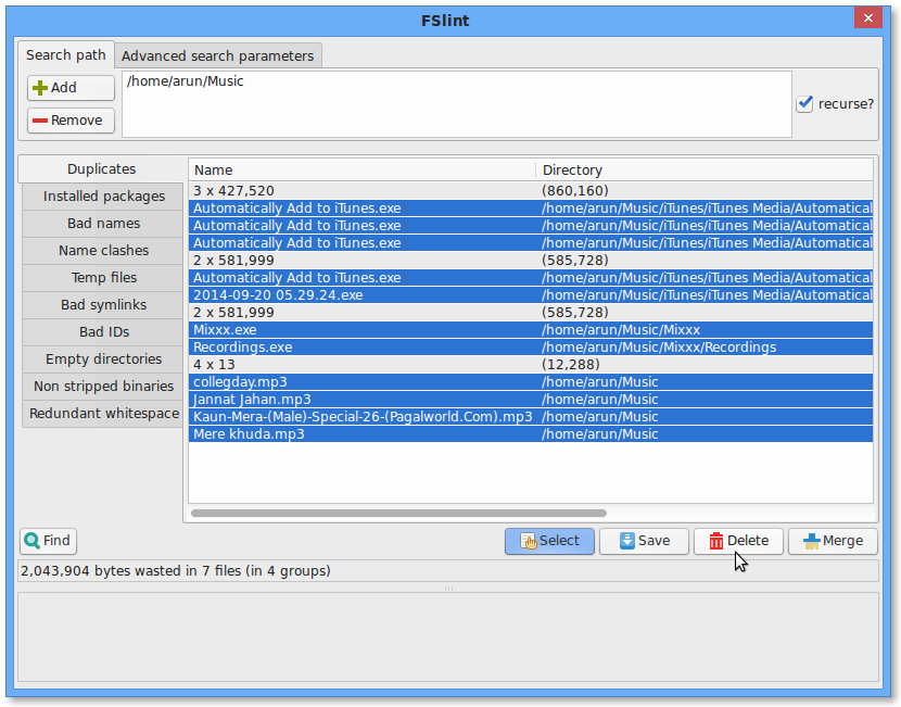 Delete Duplicate files with Fslint