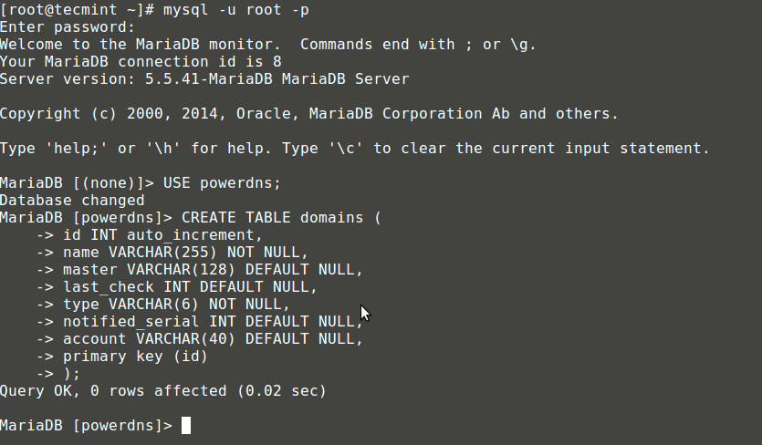 Create Table Domains for PowerDNS